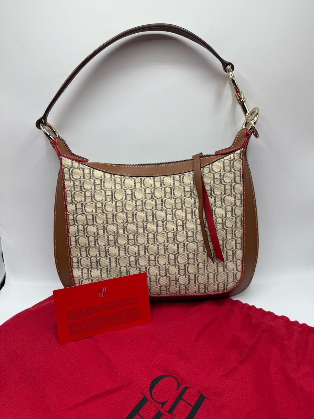 Carolina Herrera CH Signature Hobo Bag in Cream, Tan & Red